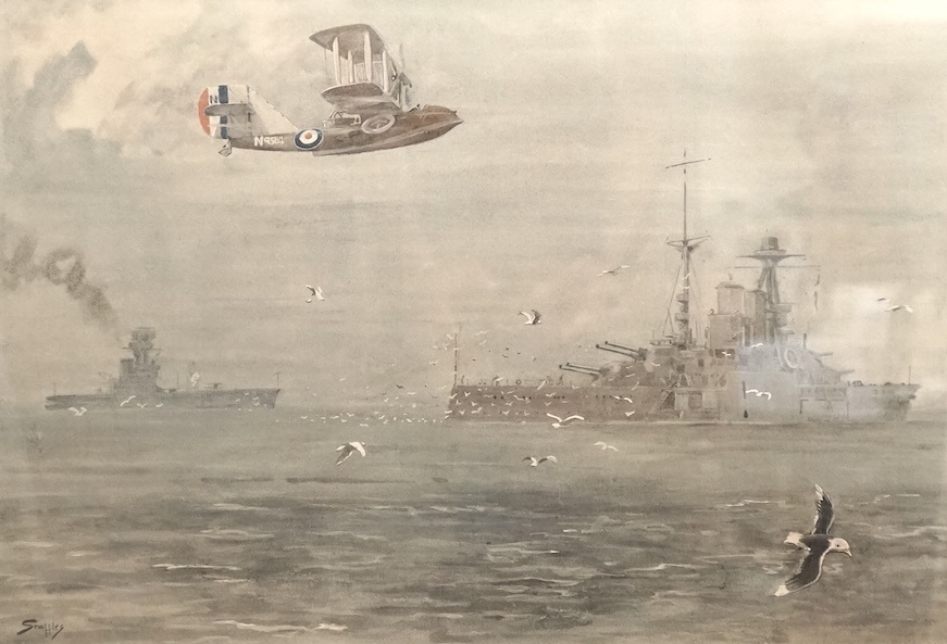 Snaffles’, Charles Johnson Payne (1884-1967), print, ‘Seagulls’, (depicting a Supermarine Seagull flying boat of a type operating (c. 1922 -27) from the 1st HMS Eagle, shown in background with a Queen Elizabeth class bat